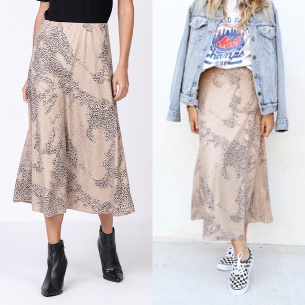 Current Air Taupe Leopard Printed Bias Midi Metallic Skirt